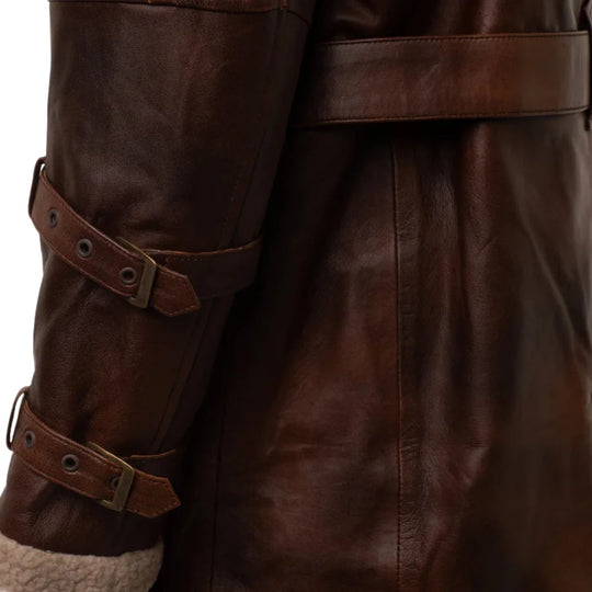 Vintage Rust 3/4 Leather Trench coat with Sherpa Lining