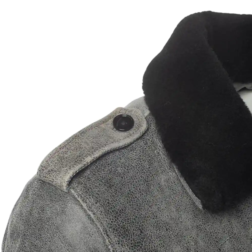 Ryder vintage grey leather coat with fur collar