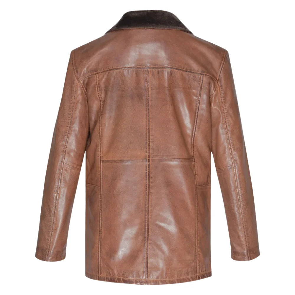 Rust leather car coat with faux fur