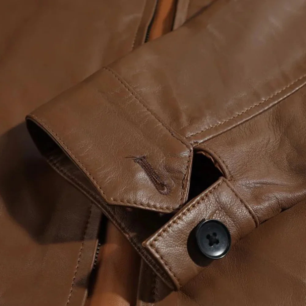 Pierre Brown Leather Jacket sleeve detail brown leather cuff