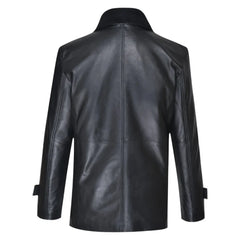 Eric's black leather car coat with fur collar