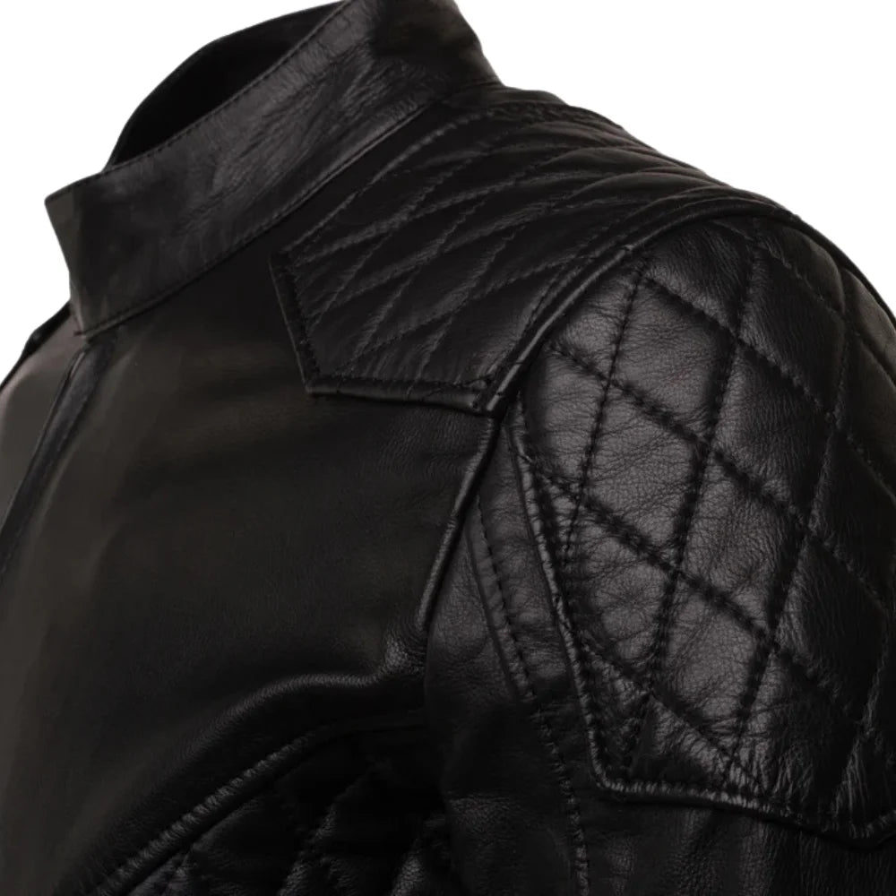 Welsh's moto style leather jacket with diamond stitching details