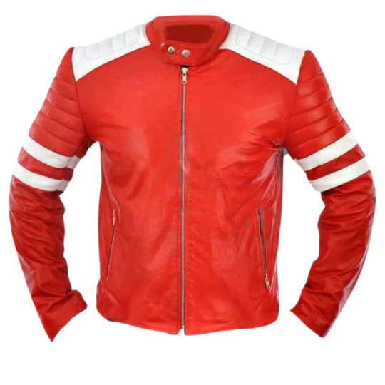 Red moto style jacket with white patches