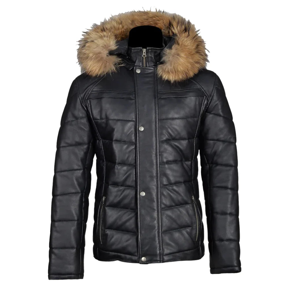 Rossi's polyfill winter leather jacket with fur on hoodie