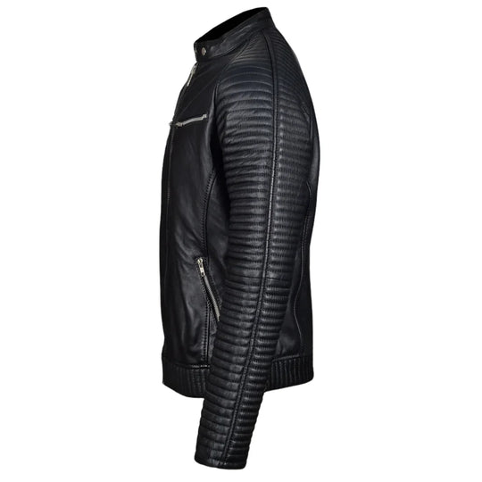 Haworths moto style leather jacket with ribbed stitched sleeves