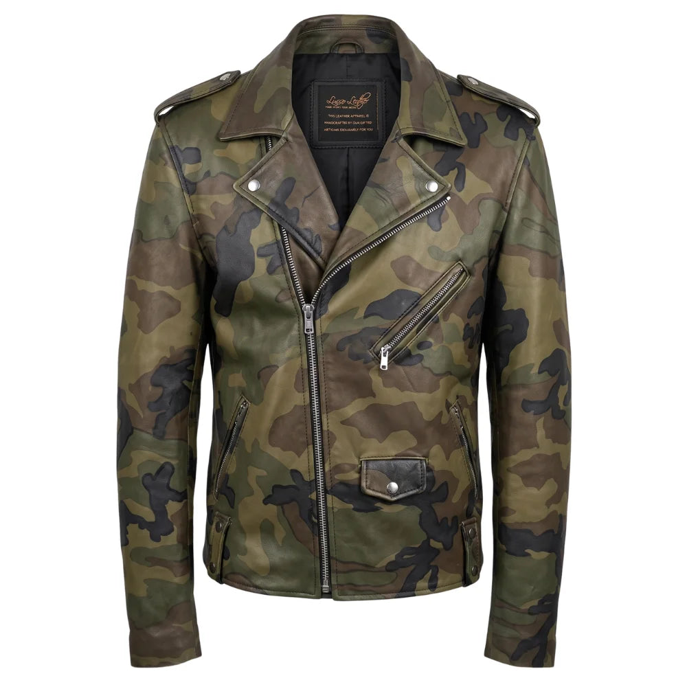 Military Printed Camouflage Leather Biker Jacket
