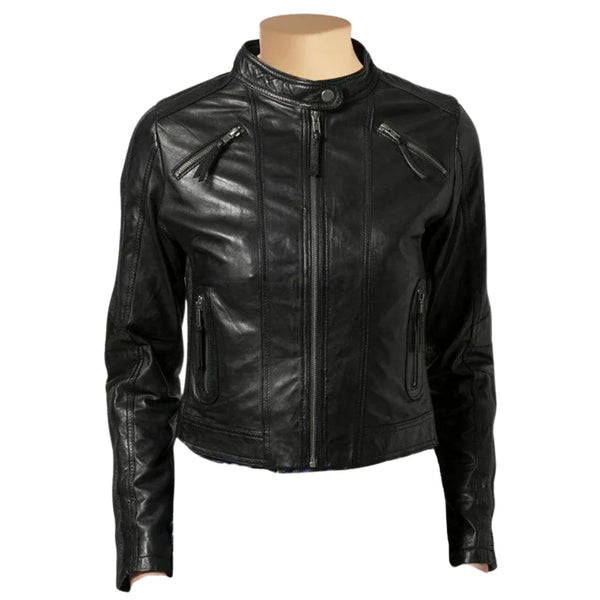 Womens Cropped Leather Jacket | Cafe Racer Style with Band Collar
