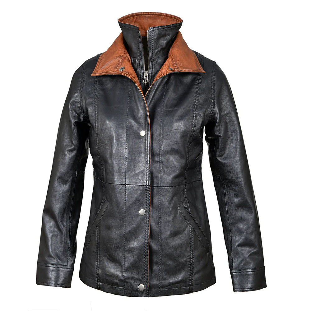 Front view of the Adeline black leather car coat on a mannequin, featuring a classic shirt-style collar and button closure.
