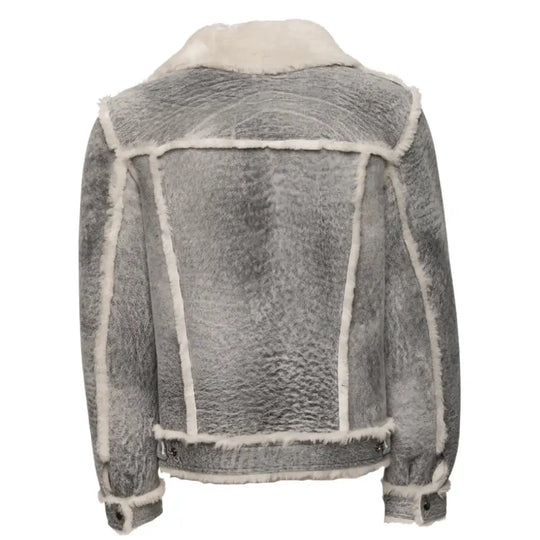 Back view of Aiden's Grey Shearling Trucker Jacket, displaying the distressed grey fabric and soft white shearling lining around the edges. The back highlights the clean, rugged design of the jacket with visible stitching along the seams.