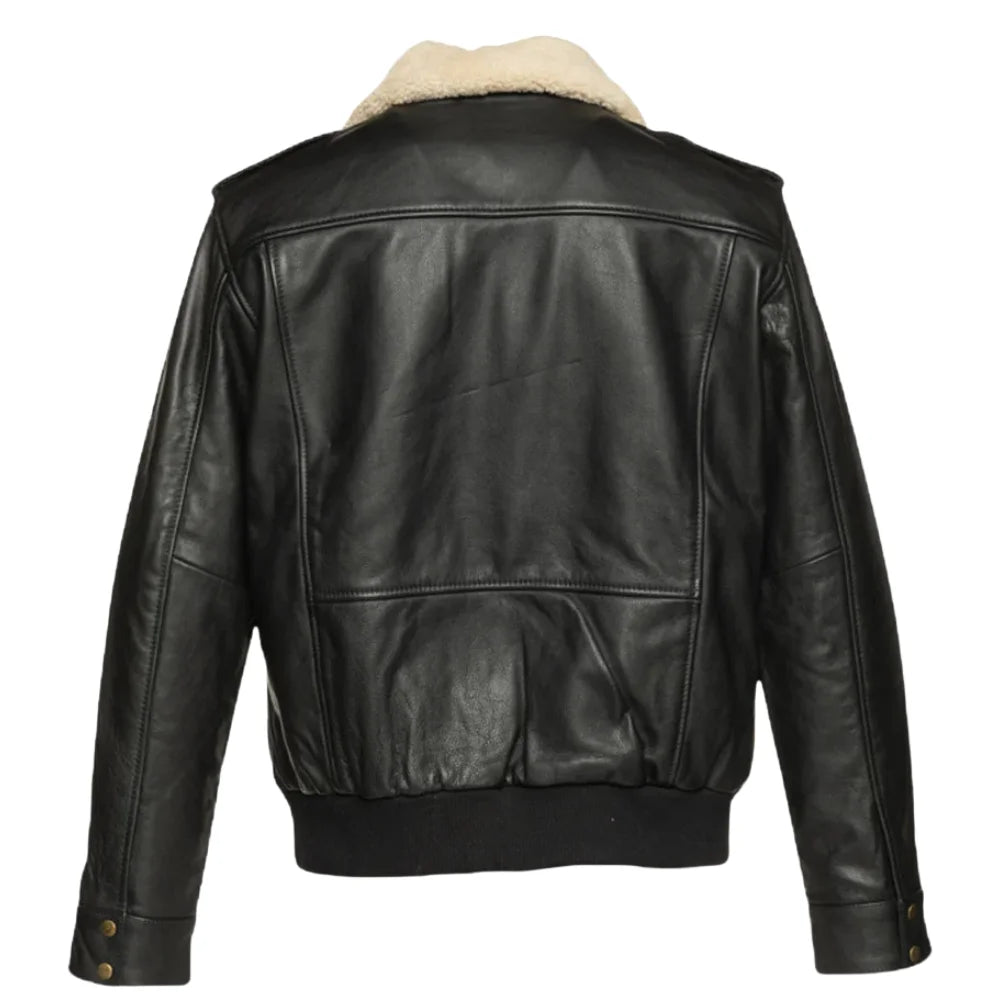 Back view of the Alaric black aviator bomber jacket, displaying its premium leather finish and stylish cut.