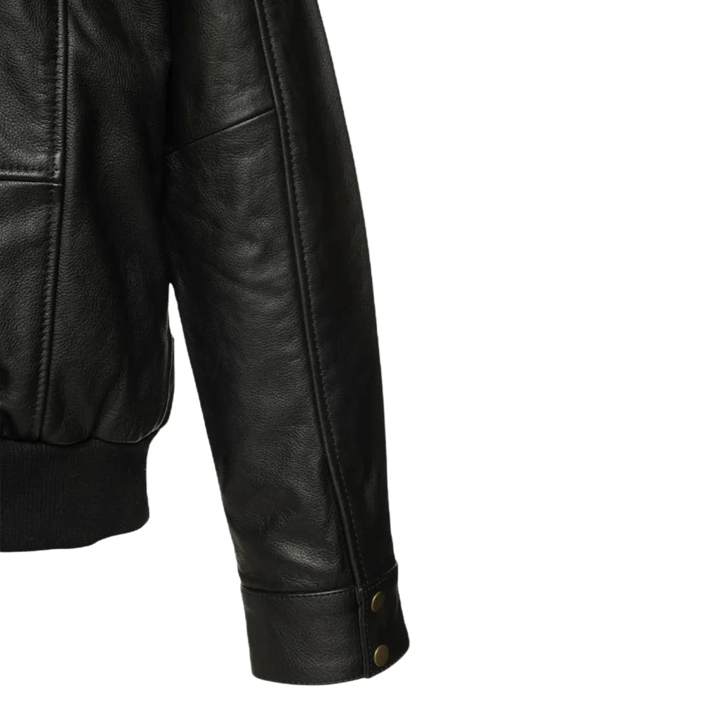 Close-up detail of the ribbed knit cuffs on the Alaric black bomber jacket, highlighting the sleek finish and durable design.