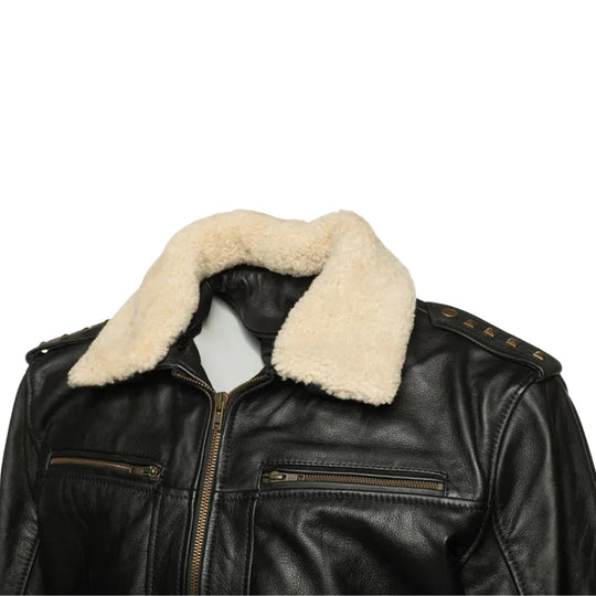 Side detailed view of the Alaric black bomber jacket with cream fur collar on a white background.
