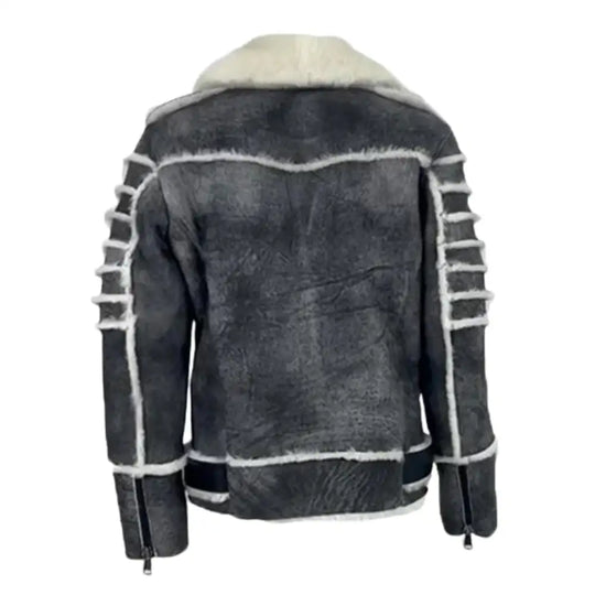 Back view of Albert Distressed Grey Shearling Leather Biker Jacket with clean leather panels