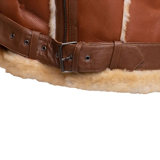 Closeup of zipper and buckle hardware on Alek's Black Shearling Leather Biker Jacket