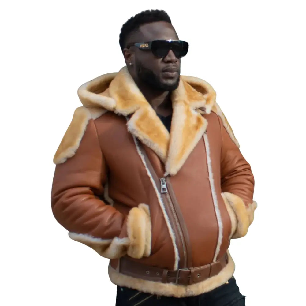 Front model view of Alek's Black Shearling Leather Biker Jacket showing biker silhouette