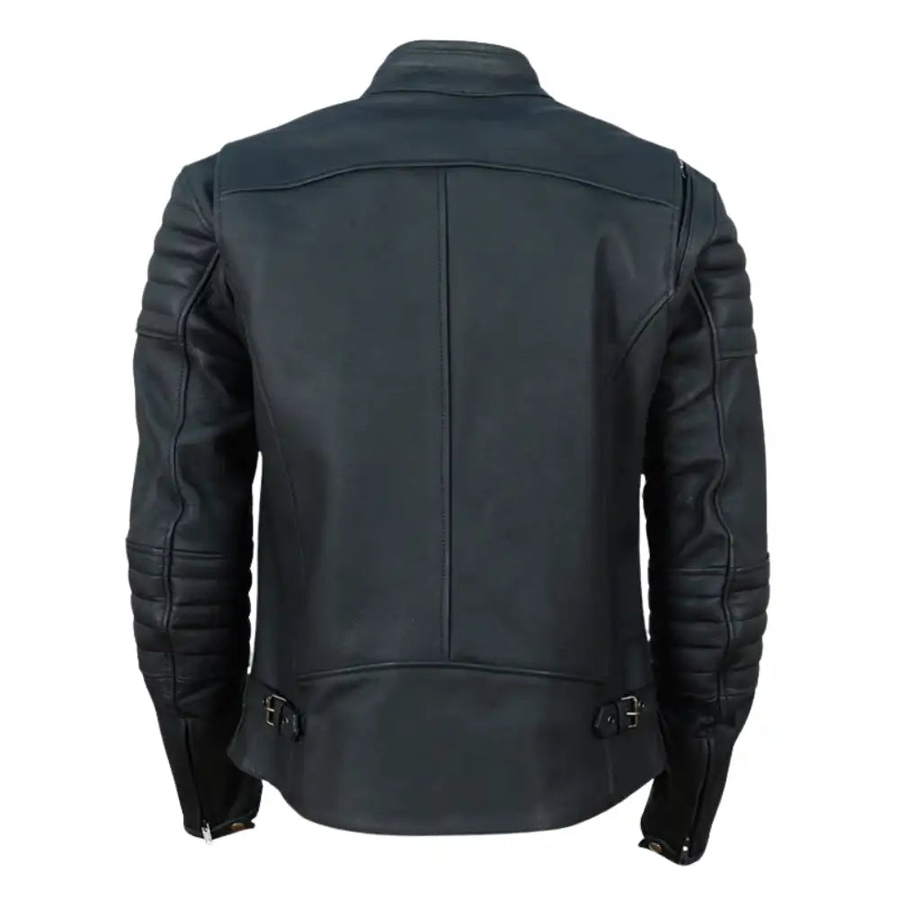 Back view of the Alexander leather jacket showing the clean, seamless construction and a tailored fit that emphasizes a sharp silhouette.
