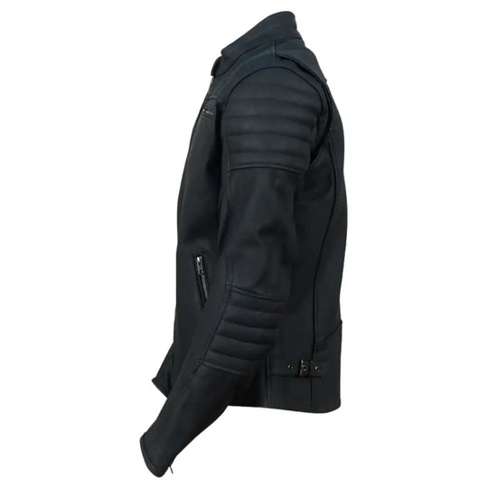 Side view of the Alexander leather jacket showing the clean, seamless construction and a tailored fit that emphasizes a sharp silhouette.