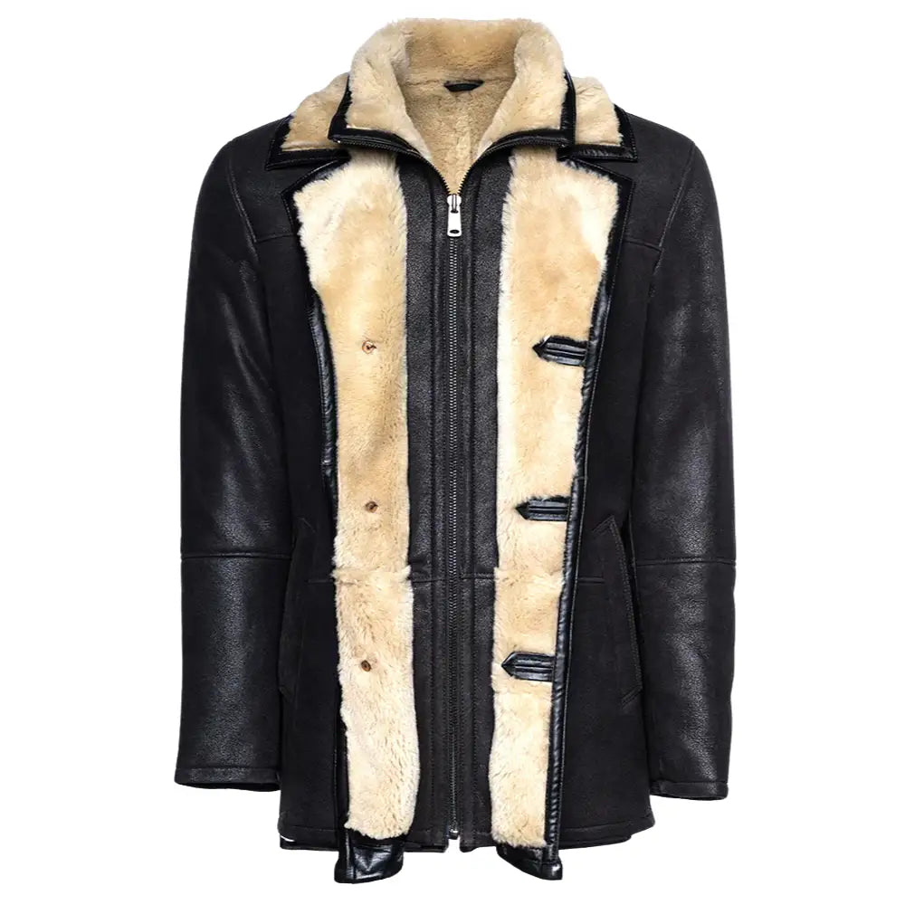 Alex's Brown Shearling Driving Coat front angle brown leather driving coat with shearling lining