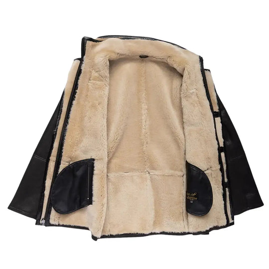 Alex's Brown Shearling Driving Coat hem detail long leather coat