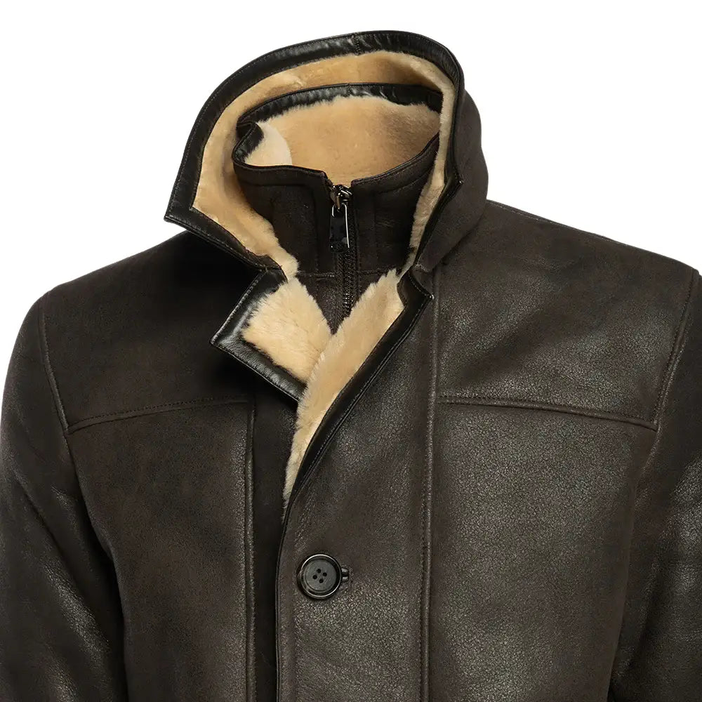 Alex's Brown Shearling Driving Coat close up shearling lining detail