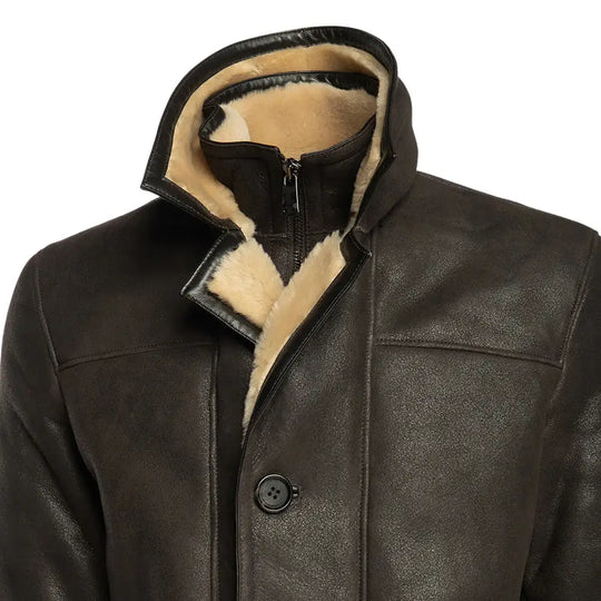 Alex's Brown Shearling Driving Coat close up shearling lining detail