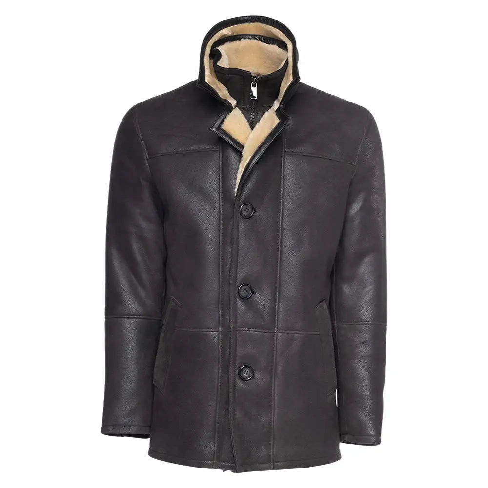 Alex's Brown Shearling Driving Coat side angle winter leather coat
