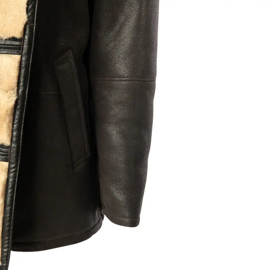 Alex's Brown Shearling Driving Coat close up sleeve leather texture