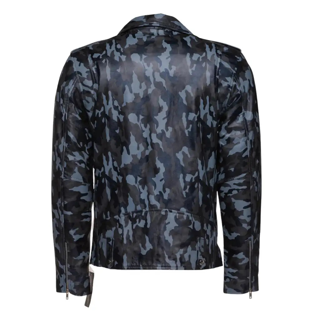 Back view of Aman Dowling's Blue Camouflage Leather Biker Jacket highlighting camouflage design