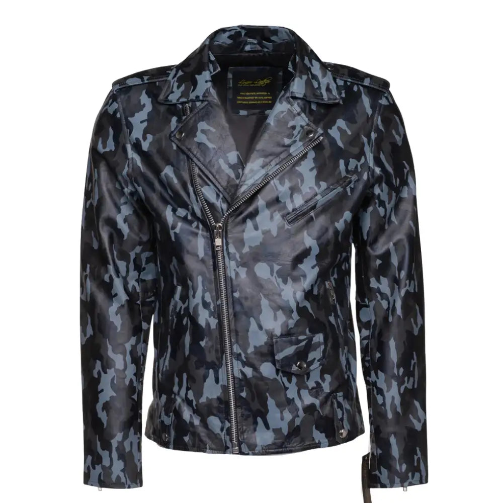 Aman Dowling's Blue Camouflage Leather Biker Jacket front profile showing camo pattern