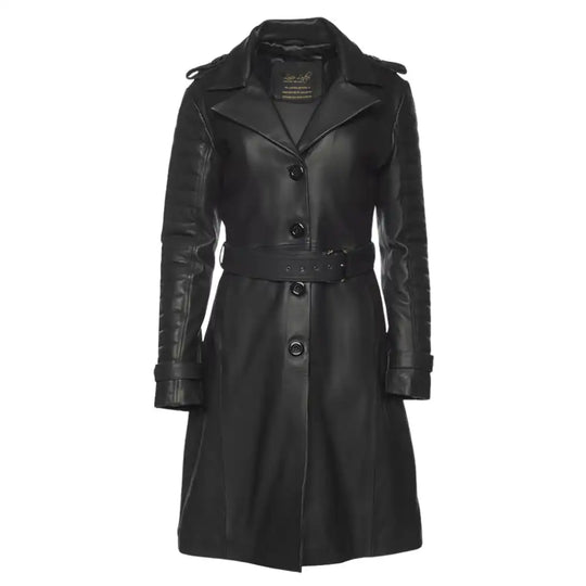 Front view of the Ariana black leather trench coat on a mannequin, featuring a belted waist, buttoned closure and classic lapel collar.