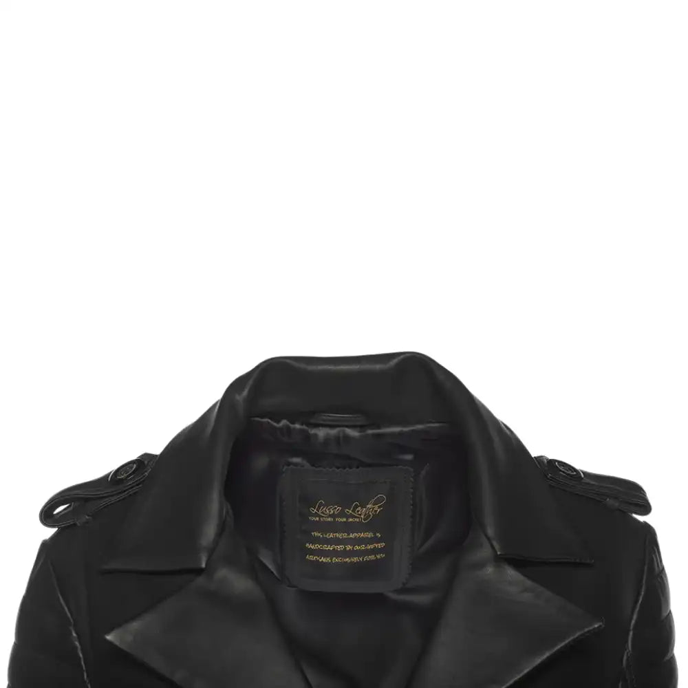 Detailed shot of collar of Black leather trench coat with a brand label on a white background