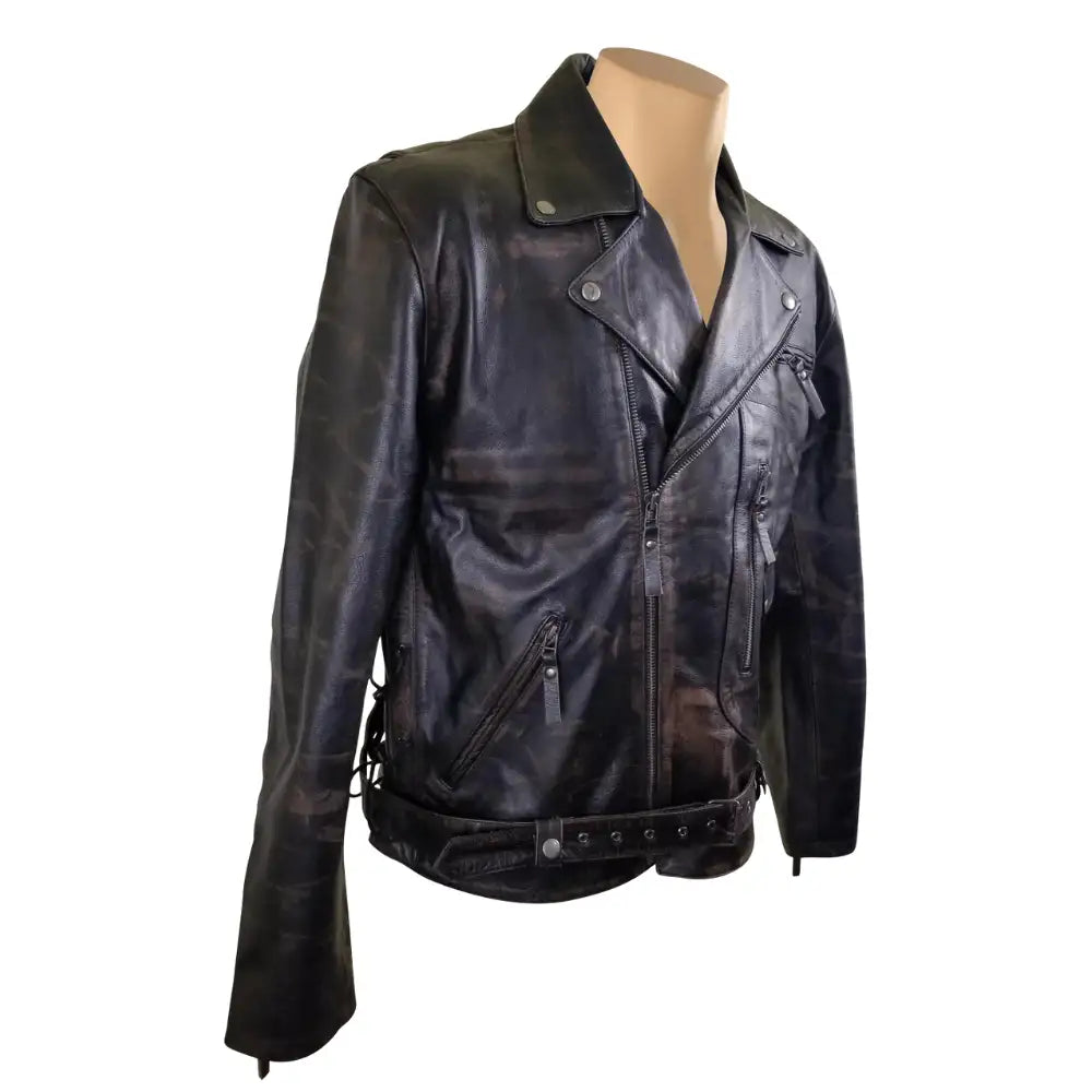 Arnold Schwarzenegger Terminator 2 Distressed Leather  Biker Jacket on a mannequin against a white background