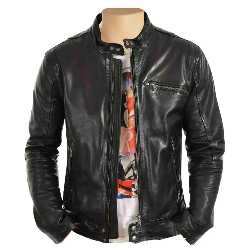 Arthur Classic Cafe Racer Leather Jacket front view black leather cafe racer jacket with minimalist design