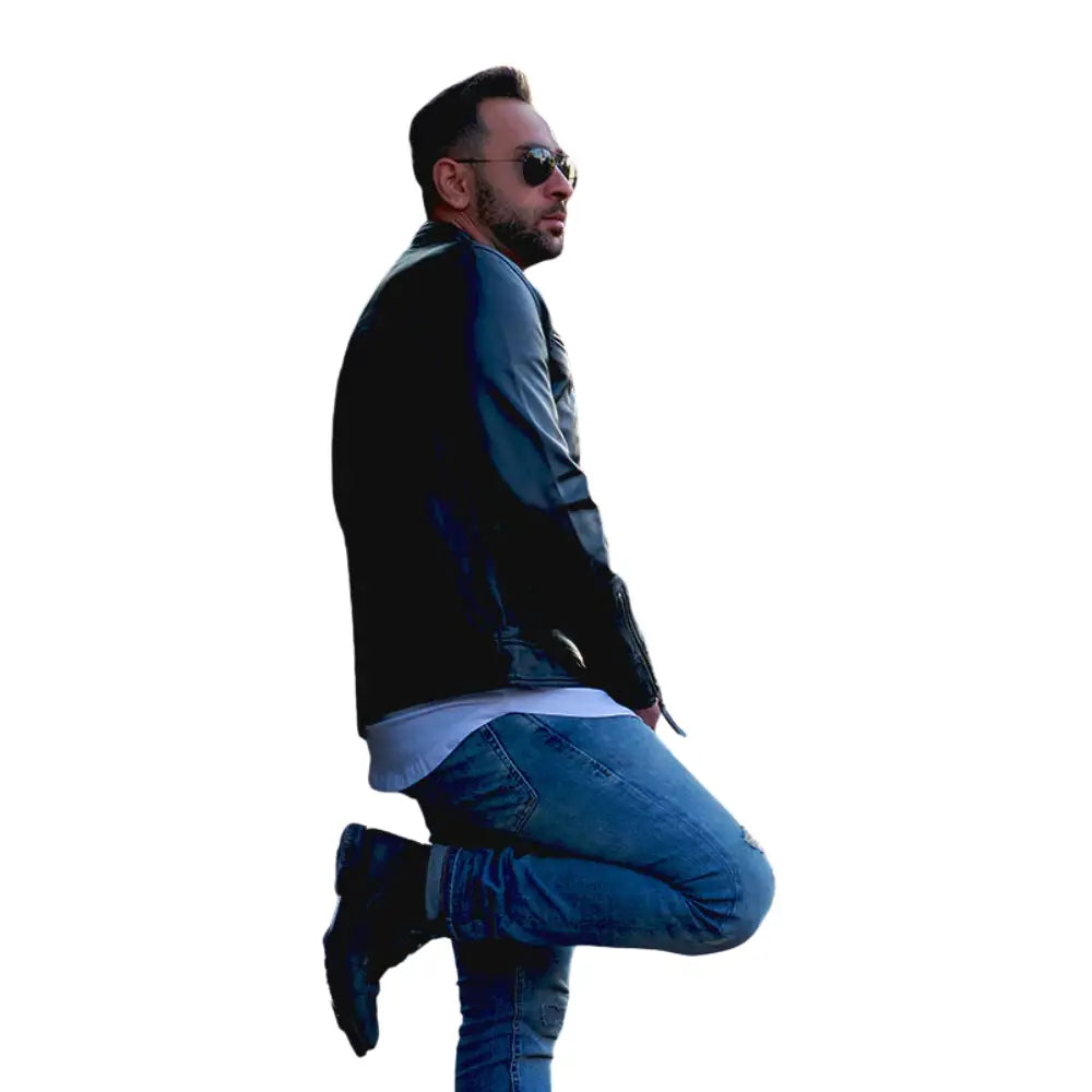 Model wearing Arthur Classic Cafe Racer Leather Jacket black leather racer jacket outfit