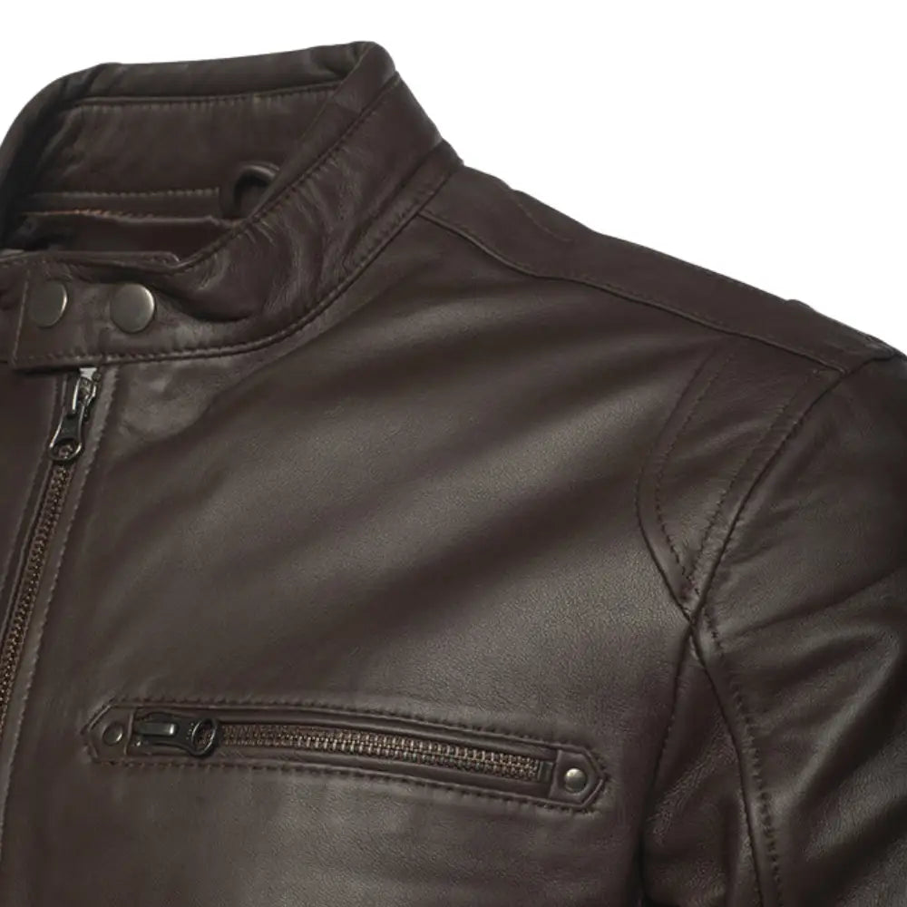 Arthur Dark Brown Café Racer Leather Jacket front panel leather detail