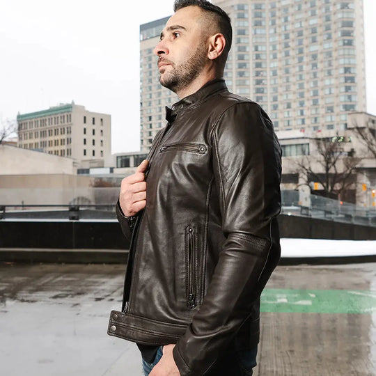 Model styling Arthur Dark Brown Café Racer Leather Jacket leather biker jacket look