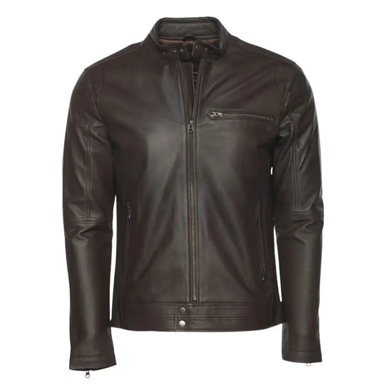 Arthur Dark Brown Café Racer Leather Jacket side view leather biker jacket silhouette