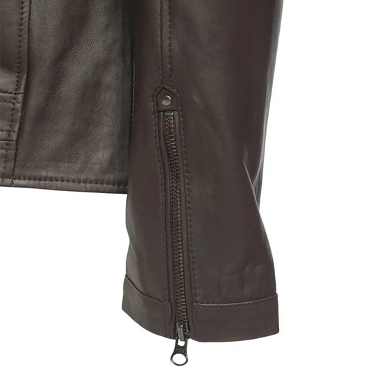 Arthur Dark Brown Café Racer Leather Jacket close up sleeve leather texture