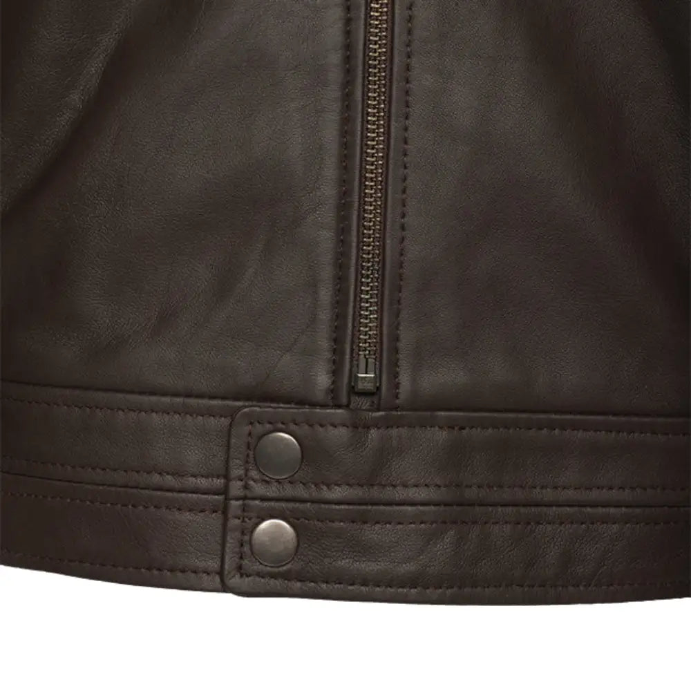 Arthur Dark Brown Café Racer Leather Jacket close up zipper on leather jacket