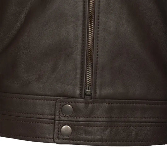 Arthur Dark Brown Café Racer Leather Jacket close up zipper on leather jacket