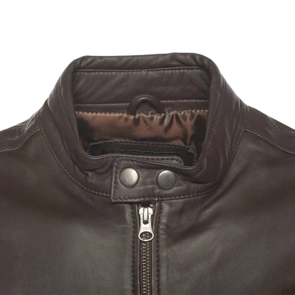 Arthur Vintage Brown Café Racer Leather Jacket close up band collar with snap