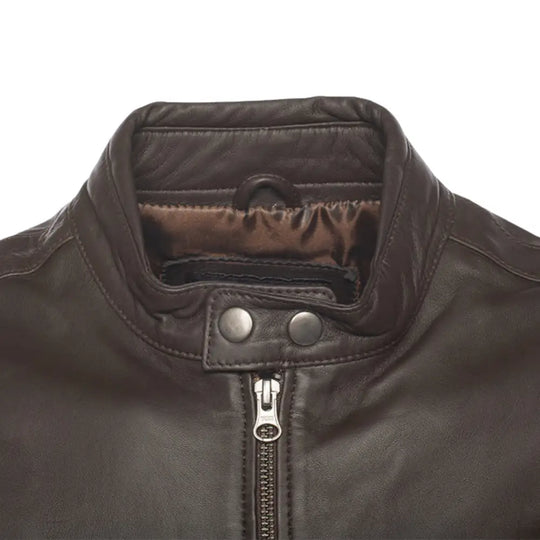 Arthur Vintage Brown Café Racer Leather Jacket close up band collar with snap