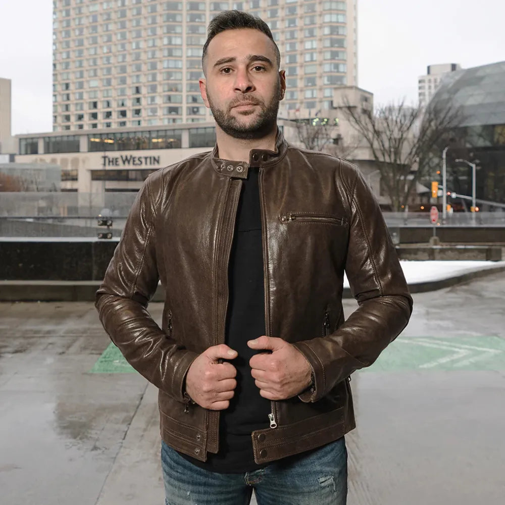 Model wearing Arthur Vintage Brown Café Racer Leather Jacket vintage biker outfit