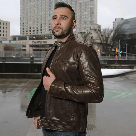 Model side view wearing Arthur Vintage Brown Café Racer Leather Jacket