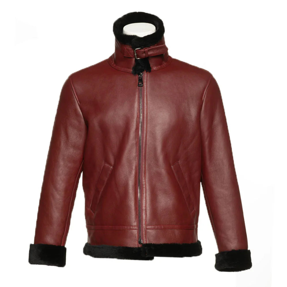 Aurelius Burgundy B3 Bomber Shearling Jacket for men with buckled high collar and black fur trim with white background.