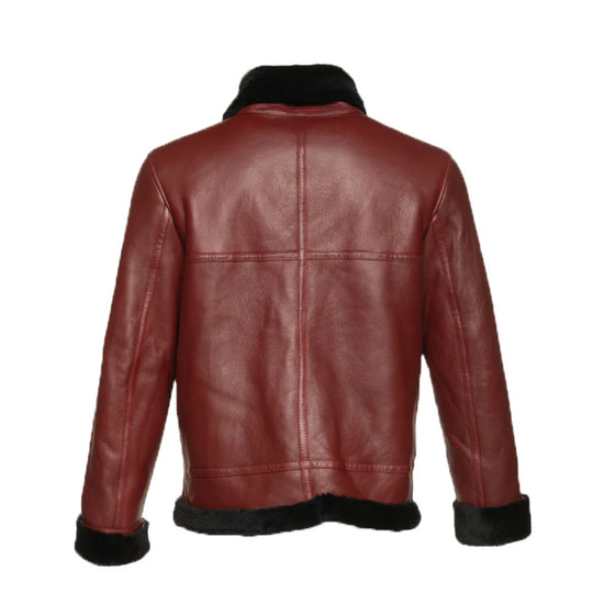 Rear view of the Aurelius Burgundy B3 Bomber Leather Jacket showing high-quality stitching and black shearling hem on a white background.