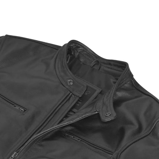 Bandit Black Cafe Racer Heavy Leather Jacket close up thick leather texture