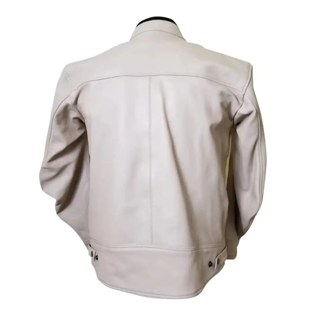 Back view of the beige armored jacket showing the clean, seamless leather panels and a tailored fit designed for a modern silhouette.