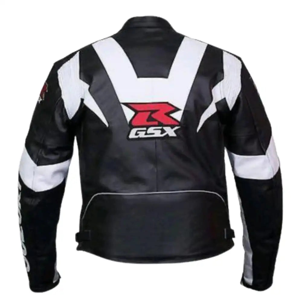 Front view of the Suzuki GSXR motorcycle jacket in black and white leather, featuring the iconic "S" and "GSX-R" logos prominently on the chest.