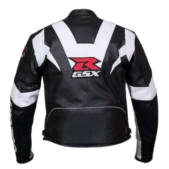 Front view of the Suzuki GSXR motorcycle jacket in black and white leather, featuring the iconic "S" and "GSX-R" logos prominently on the chest.